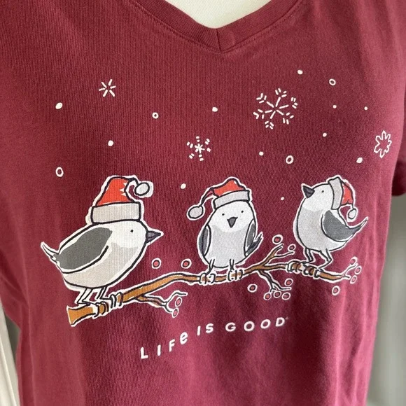 Life is Good Holiday Birds Cotton T-Shirt Tee Top Size Large Christmas Winter - Picture 2 of 5